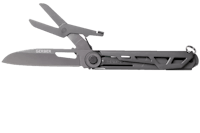 a knife with a black handle on a black background